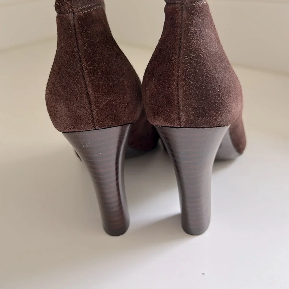 Franco Sarto Limber Brown Suede Ankle Boots Split Front Block Heel Women's 7.5